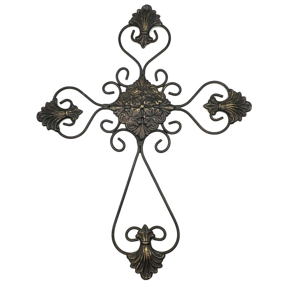 Vtg Metal Cross Rustic Wall Hanging Brass Plated Steel Christian Religious 20x16
